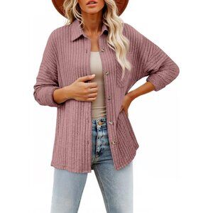 Women's Long Sleeve Fushia Button Down Jacket Shirts Loose Sweater Blouses Tops
